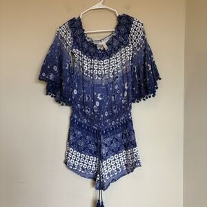 Anthropologie Raga Romper Women's Small Blue Pom‎ Pom Flare Sleeves